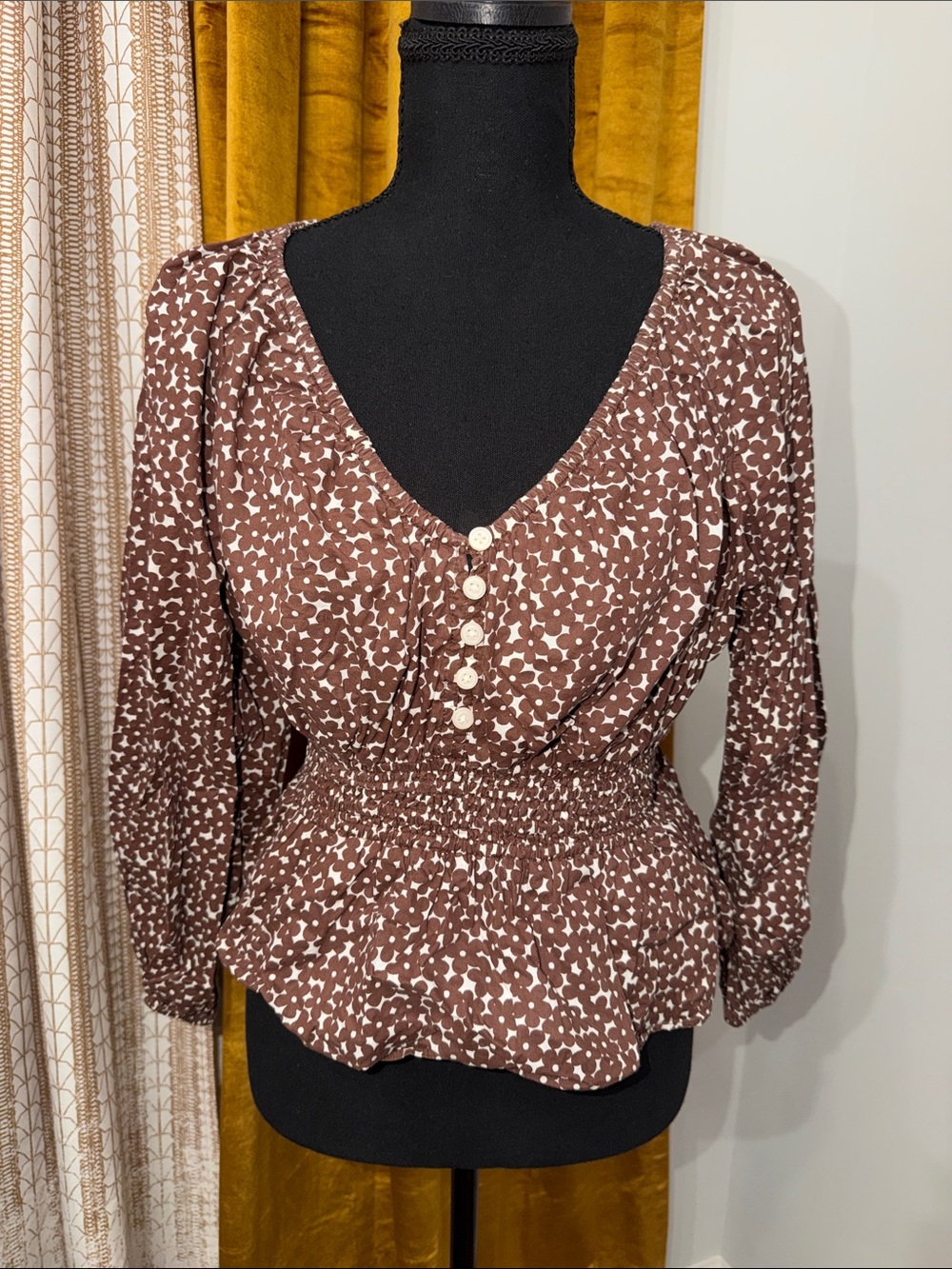 J. Crew Smocked Peplum V-Neck Blouse in Brown Print